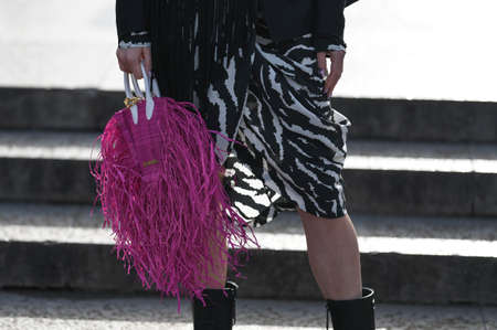 Paris, France - February 29, 2020: Pink Jacquemus handbag with fringe - streetstylefw20のeditorial素材