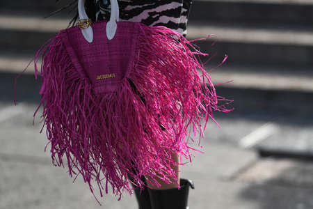 Paris, France - February 29, 2020: Pink Jacquemus handbag with fringe detail - streetstylefw20のeditorial素材