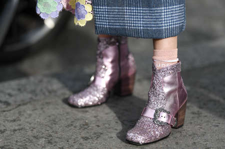 Paris, France - February 29, 2020: Pink glitter high heel belt boots detail - streetstylefw20のeditorial素材