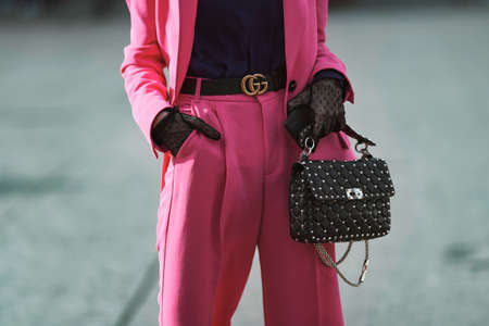 Paris, France - February 29, 2020: Black studded handbag and Gucci belt detail - streetstylefw20のeditorial素材