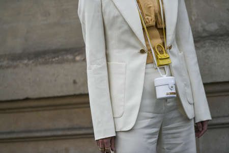 Paris, France - February 29, 2020: Jacquemus white and yellow mini bags - streetstylefw20のeditorial素材