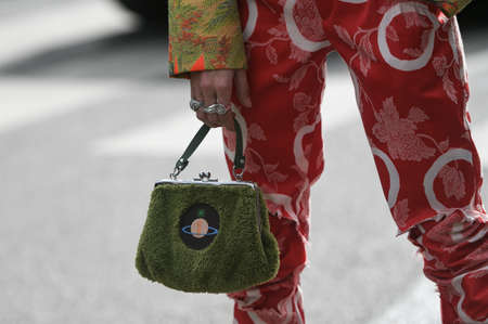 Paris, France - February 29, 2020: Fluffy khaki purse - streetstylefw20のeditorial素材