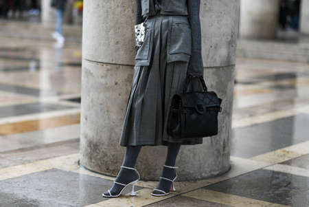 Paris, France - February 29, 2020: Black leather Balmain handbag - streetstylefw20のeditorial素材