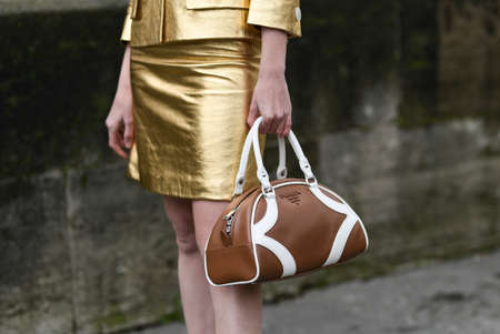 Paris, France - February 26, 2020: Two color leather Prada handbag - streetstylefw20のeditorial素材
