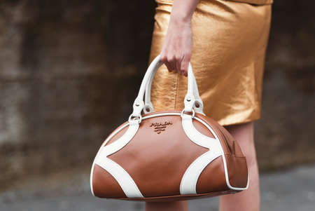 Paris, France - February 26, 2020: Two color leather Prada handbag - streetstylefw20のeditorial素材
