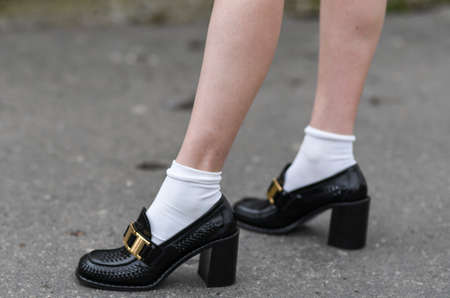 Paris, France - February 26, 2020: Black leather patterned high heel shoes - streetstylefw20のeditorial素材