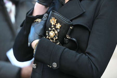 Paris, France - February 26, 2020: Black purse with floral embroidery detail - streetstylefw20のeditorial素材