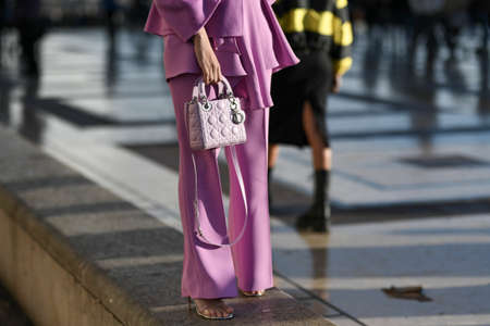 Paris, France - February 27, 2020: Powder pink patterned handbag - streetstylefw20のeditorial素材