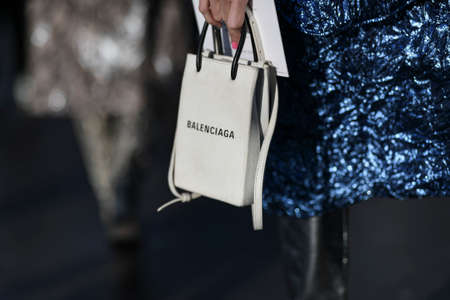 Paris, France - February 27, 2020: White patterned Balenciaga handbag - streetstylefw20のeditorial素材