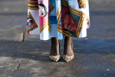 Paris, France - February 26, 2020: Colorful patterned pointed shoes with studs detail - streetstylefw20のeditorial素材