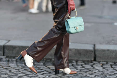 Paris, France - February 26, 2020: Ligh blue leather Chanel handbag - streetstylefw20のeditorial素材