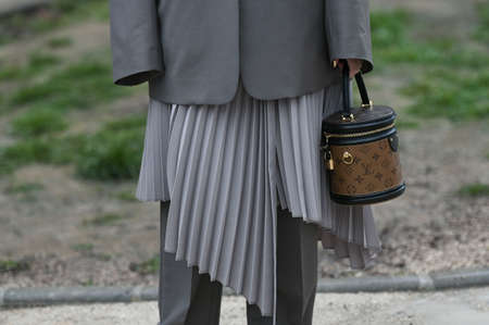 Paris, France - February 27, 2020: Louis Vuitton cylinder bag - streetstylefw20のeditorial素材