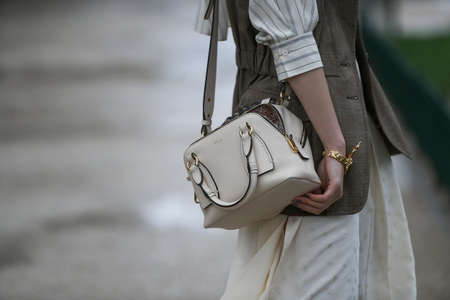 Paris, France - February 27, 2020: Cream leather Chloe handbag - streetstylefw20のeditorial素材