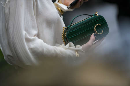 Paris, France - February 27, 2020: Dark green patterned chain bag - streetstylefw20のeditorial素材