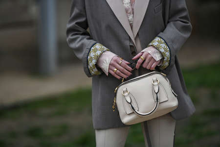 Paris, France - February 27, 2020: Cream leather Chloe handbag - streetstylefw20のeditorial素材