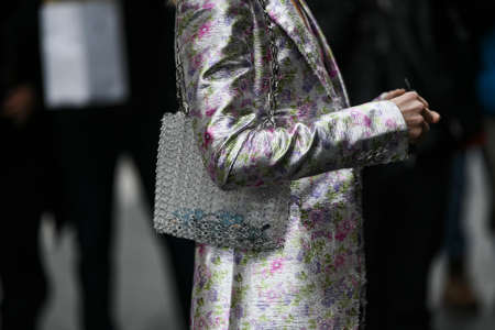 Paris, France - February 27, 2020: Transparent large sequins chain bag - streetstylefw20のeditorial素材