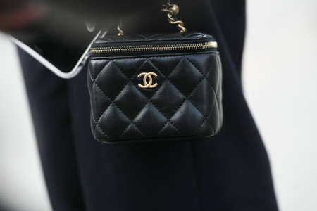 Paris, France â March 3, 2020: Chanel black leather bag detail - streetstylefw20のeditorial素材