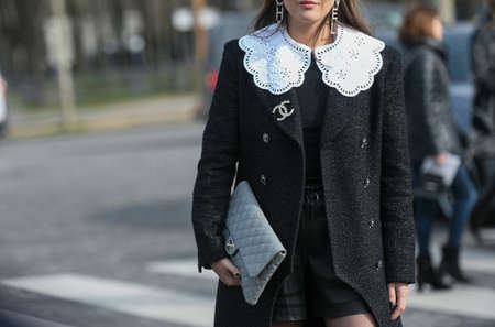 Paris, France â March 3, 2020: Details of a Chanel outfit- streetstylefw20のeditorial素材