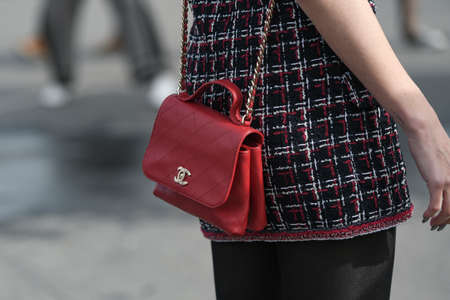 Paris, France â March 3, 2020: Red leather Chanel chain bag detail - streetstylefw20のeditorial素材