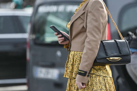 Paris, France â March 3, 2020: Black leather Alexander Mcqueen chain bag - streetstylefw20のeditorial素材