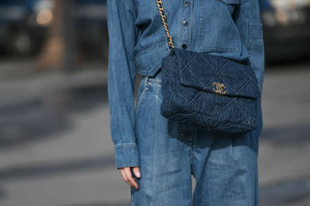 Paris, France â March 3, 2020: Denim patterned Chanel crossbody bag detail - streetstylefw20のeditorial素材