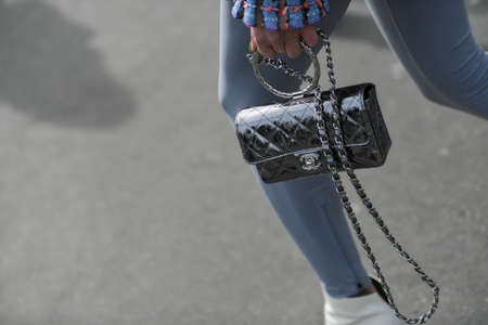 Paris, France â March 3, 2020: Silver patterned Chanel chain bag - streetstylefw20のeditorial素材
