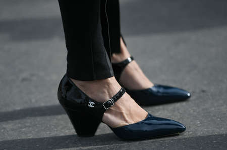 Paris, France â March 3, 2020: Patent leather Chanel high heel pointed shoes - streetstylefw20のeditorial素材