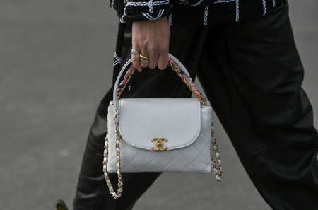 Paris, France â March 3, 2020: White leather patterned Chanel handbag - streetstylefw20のeditorial素材
