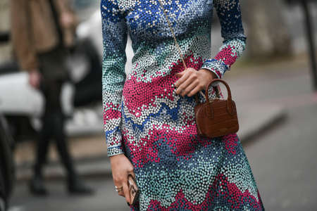 Paris, France - February 27, 2020: Detail of a Lancel crossbody bag - streetstylefw20のeditorial素材