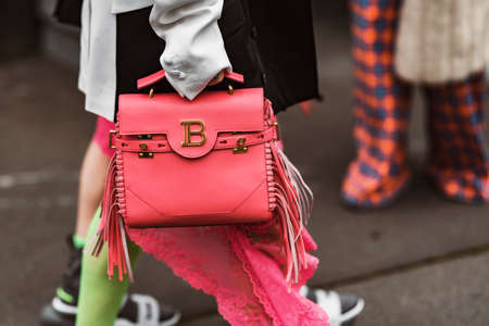 Paris, France - February 28, 2020: Pink Balmain leather handbag with fringe - streetstylefw20のeditorial素材