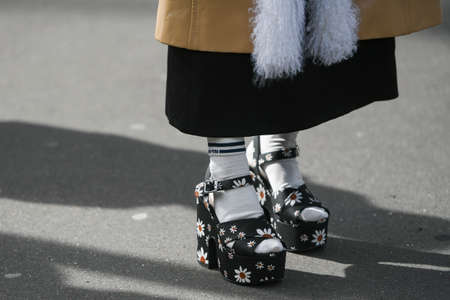 Paris, France â March 3, 2020: Black Miu Miu high heel sandals with daisies pattern - streetstylefw20のeditorial素材