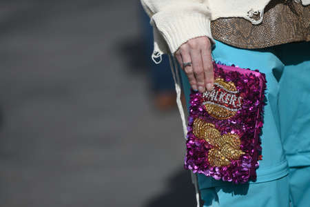 Paris, France â March 3, 2020: Pink sequins and golden embroidery clutch bag - streetstylefw20のeditorial素材