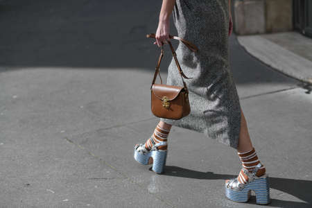 Paris, France â March 3, 2020: Brown leather Miu Miu handbag - streetstylefw20のeditorial素材