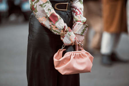 Paris, France â March 3, 2020: Pink leather mini chain bag - streetstylefw20のeditorial素材