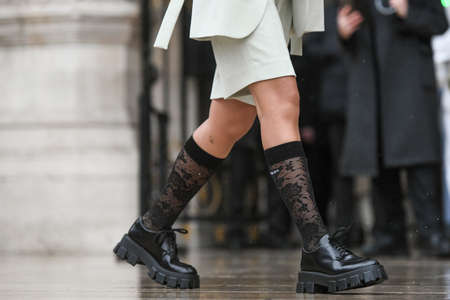 Paris, France â March 2, 2020: Black leather Prada shoes matched with black embroidered Prada socks - streetstylefw20のeditorial素材