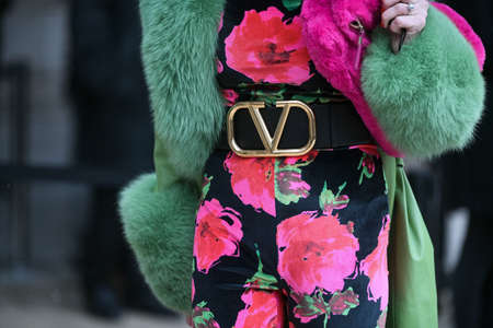 Paris, France â March 2, 2020: Large black belt with golden details - streetstylefw20のeditorial素材