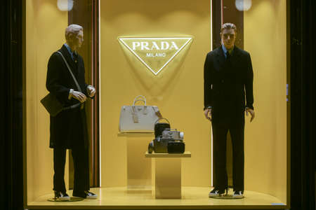 Milan, Italy - January 13, 2020: Prada menâs outfit and handbags showcaseのeditorial素材