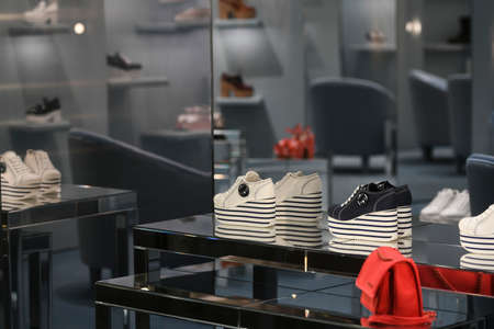 Milan, Italy - January 13, 2020: Miu Miu sport striped platform shoes displayのeditorial素材