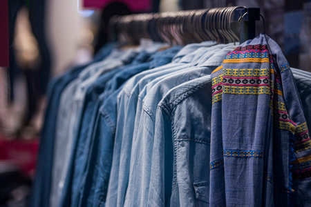 Women clothing on hangers in a mall - shopping in mall conceptの写真素材