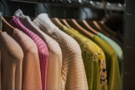 Women clothing on hangers in a mall - shopping in mall conceptの写真素材