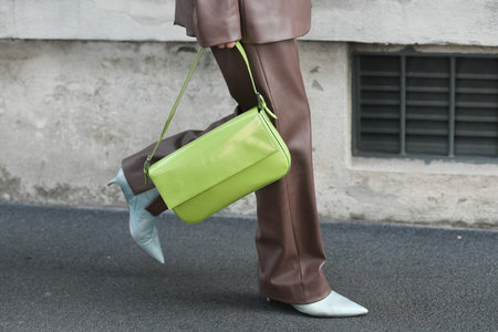 Milan, Italy - September 24, 2021:  Street style, fashionable outfit, detail on the streets of Milan, Italy.のeditorial素材
