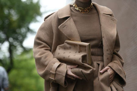 Milan, Italy - September 22, 2021:  Street style outfit, fashionable woman wearing a Fendi outfit on the streets of Milan, Italy.のeditorial素材