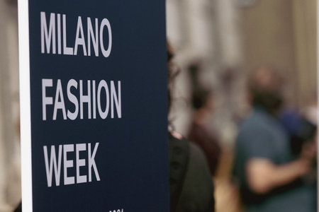 Milan, Italy - September 22, 2021: Milan Fashion Week sign placed at the entrance to a location where a show takes place.のeditorial素材