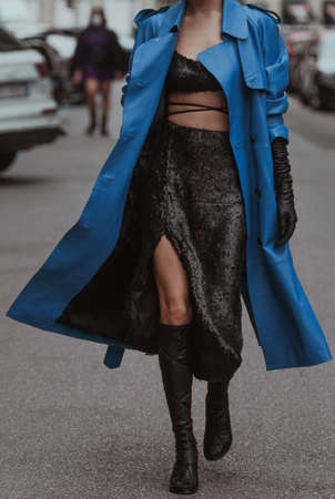 Milan, Italy - September 25, 2021:  Street style outfit, woman wearing a fashionable outfit on the streets of Milan, Italy.のeditorial素材