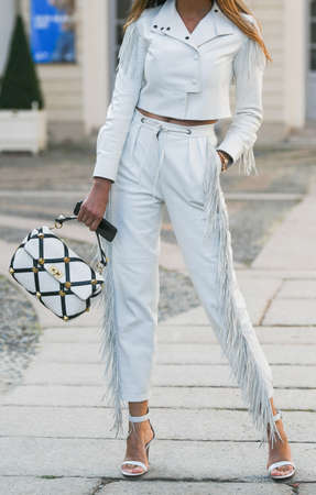 Milan, Italy - September 24, 2021:  Street style outfit, woman wearing a fashionable outfit on the streets of Milan, Italy.のeditorial素材