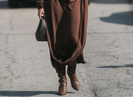 Milan, Italy - September 24, 2021:  Street style outfit, woman wearing a fashionable outfit, detail ...