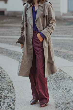 Milan, Italy - September 24, 2021:  Street style outfit, woman wearing a fashionable outfit on the...