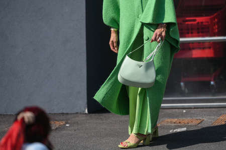 Milan, Italy - September 24, 2021:  Street style outfit, woman wearing a fashionable outfit on the streets of Milan, Italy.のeditorial素材