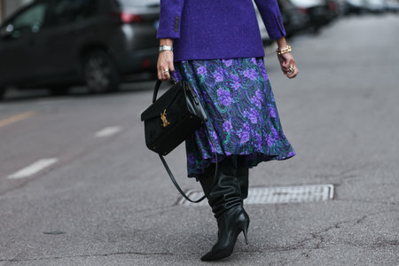 Milan, Italy - September 25, 2021:  Street style outfit, woman wearing a fashionable outfit on the streets of Milan, Italy.のeditorial素材