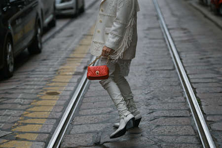 Milan, Italy - September 25, 2021:  Street style outfit, woman wearing a fashionable outfit on the streets of Milan, Italy.のeditorial素材